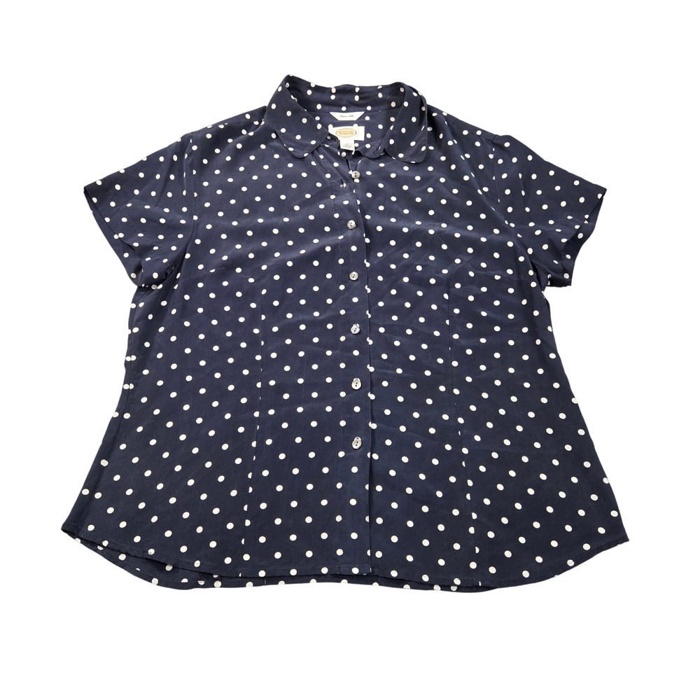 Talbots Blouse Womens 16 Blue 100% Silk Polka Dot Short Sleeve Button Down